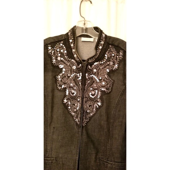Chico's Sequin Beaded & Embroidered Black Denim Jacket Size 3 Boutique CHIC - Picture 2 of 6